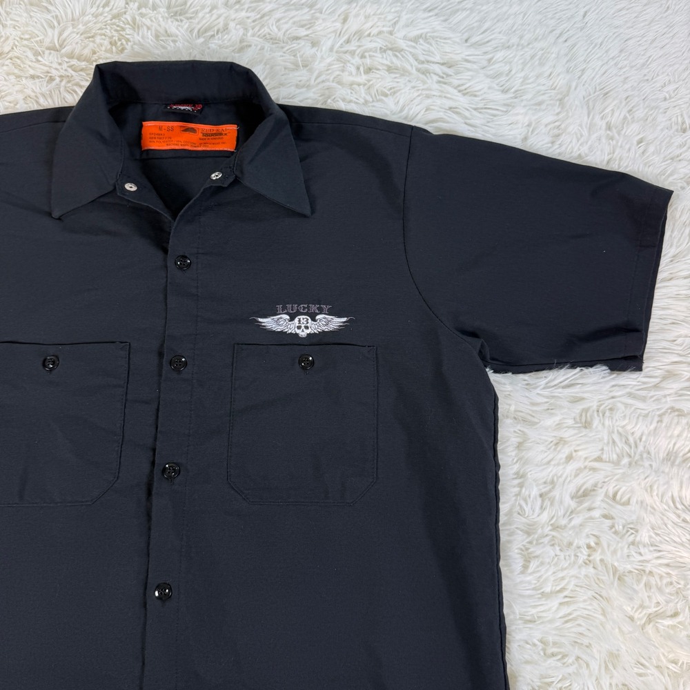 Lucky 13 Mens Black Short Sleeve Button Up Work Shirt Skull Wings Logo Medium